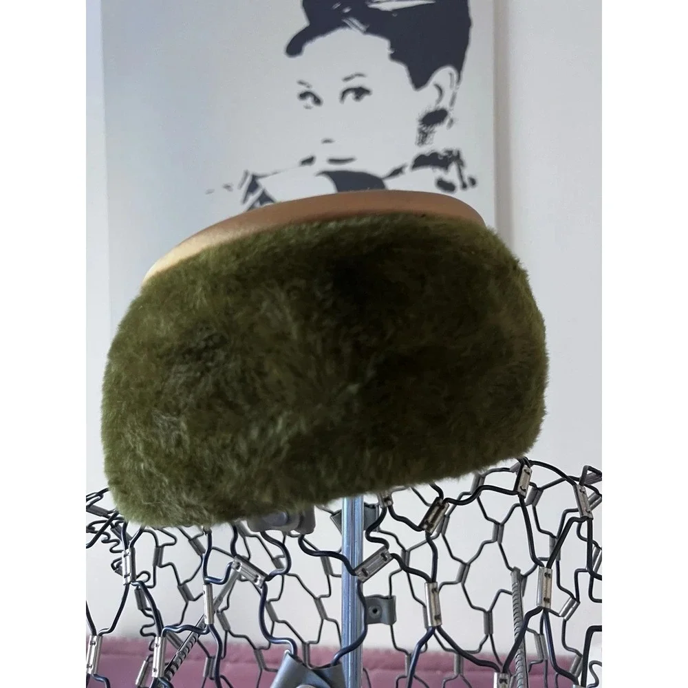 Vintage‎ Miss Gwenn Jr Olive Green Faux Fur Pillbox Hat Satin Bow 1960s Retro 22